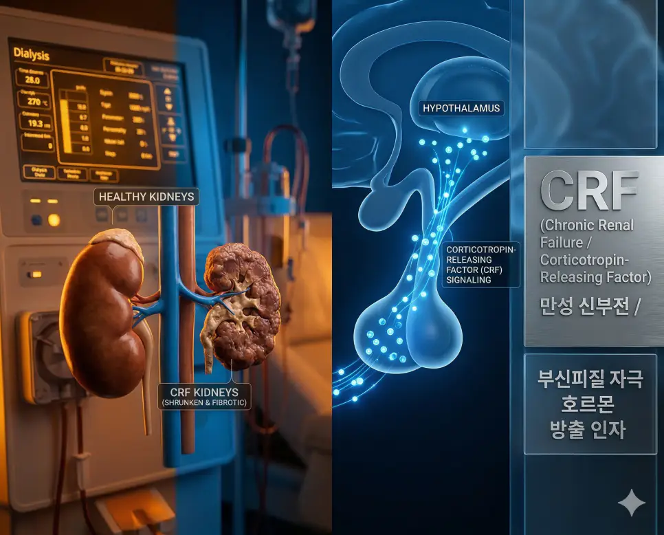 의학용어 CPP, CRF, CRM 완벽 가이드 2 의학용어 CRF가 의미하는 만성 신부전의 신장 병변과 호르몬 방출 기전을 복합적으로 시각화한 병리학적 이미지