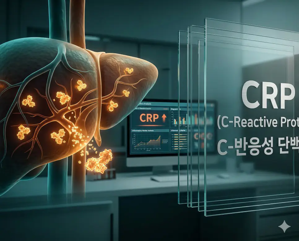 의학용어 CRP, CSF, CSR 완벽 가이드 1 의학용어 CRP(C-반응성 단백)가 체내 염증 반응 시 간에서 생성되어 혈류로 방출되는 기전과 분석 데이터를 시각화한 이미지