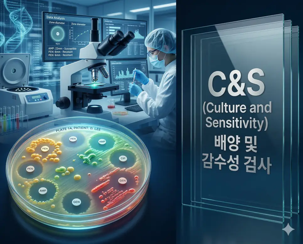 의학용어 C&S(배양 및 감수성 검사) 과정인 박테리아 배양 페트리 접시와 항생제 디스크, 억제환을 시각화한 의료 이미지