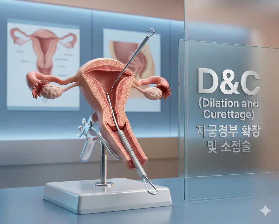 의학용어 D&C(자궁경부 확장 및 소정술)의 해부학적 위치와 시술에 사용되는 전문적인 기구를 보여주는 의학 시각화 이미지