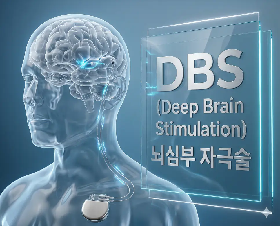 의학용어 D/C, DA, DBS 완벽 가이드 3 의학용어 DBS(뇌심부 자극술)를 위해 뇌 특정 부위에 삽입된 전극과 자극 발생 장치의 위치를 보여주는 의료 시각화 이미지