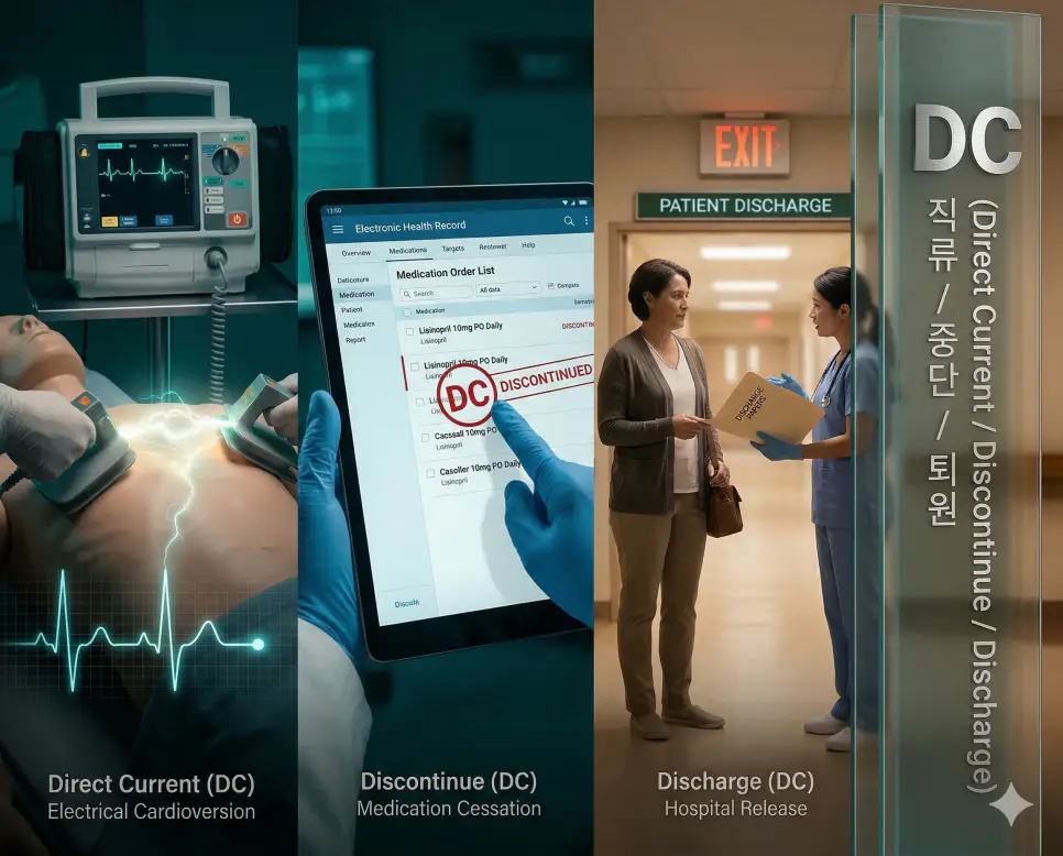 의학용어 DC, DCCV, DCMP 완벽 가이드 1 의학용어 DC가 의미하는 직류 전기 충격기, 약물 처방 중단 기록, 그리고 환자의 퇴원 수속 장면을 복합적으로 시각화한 이미지