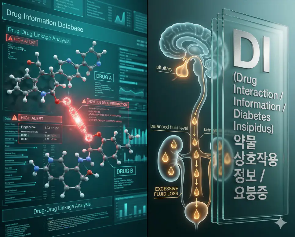 의학용어 DEXA, DI, DIC 완벽 가이드 2 의학용어 DI가 의미하는 약물 간의 상호작용 정보와 신장에서의 수분 조절 이상인 요붕증을 복합적으로 보여주는 의료 이미지