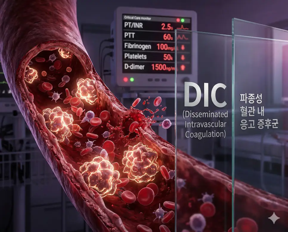 의학용어 DEXA, DI, DIC 완벽 가이드 3 의학용어 DIC(파종성 혈관 내 응고 증후군)로 인해 혈관 내부에 비정상적인 미세 혈전이 생기고 출혈이 발생하는 병태생리 이미지