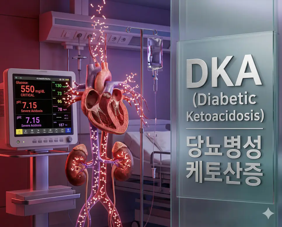 의학용어 DILD, DKA, DM 완벽 가이드 2 의학용어 DKA(당뇨병성 케토산증)의 특징인 고혈당과 산증으로 인한 혈액 내 케톤체 증가 및 전신 대사 이상 상태를 시각화한 임상 의료 이미지