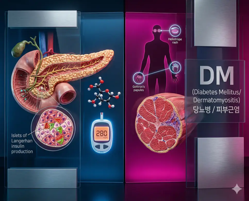 의학용어 DILD, DKA, DM 완벽 가이드 3 의학용어 DM이 의미하는 췌장과 글루코스 이상인 당뇨병과 근육 염증 및 피부 발진을 특징으로 하는 피부근염을 복합적으로 보여주는 이미지