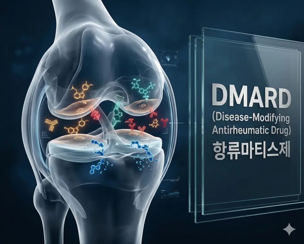 의학용어 DMARD, DME, DNA 완벽 가이드 1 의학용어 DMARD(항류마티스제)가 류마티스 관절염 관절 파괴를 근본적으로 억제하는 생리학적 기전을 시각화한 정밀 의료 이미지