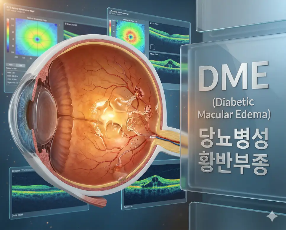 의학용어 DMARD, DME, DNA 완벽 가이드 2 의학용어 DME(당뇨병성 황반부종)로 인해 당뇨 환자의 황반 부위가 붓고 액체가 축적된 상태를 OCT 검사 데이터와 함께 보여주는 의료 이미지