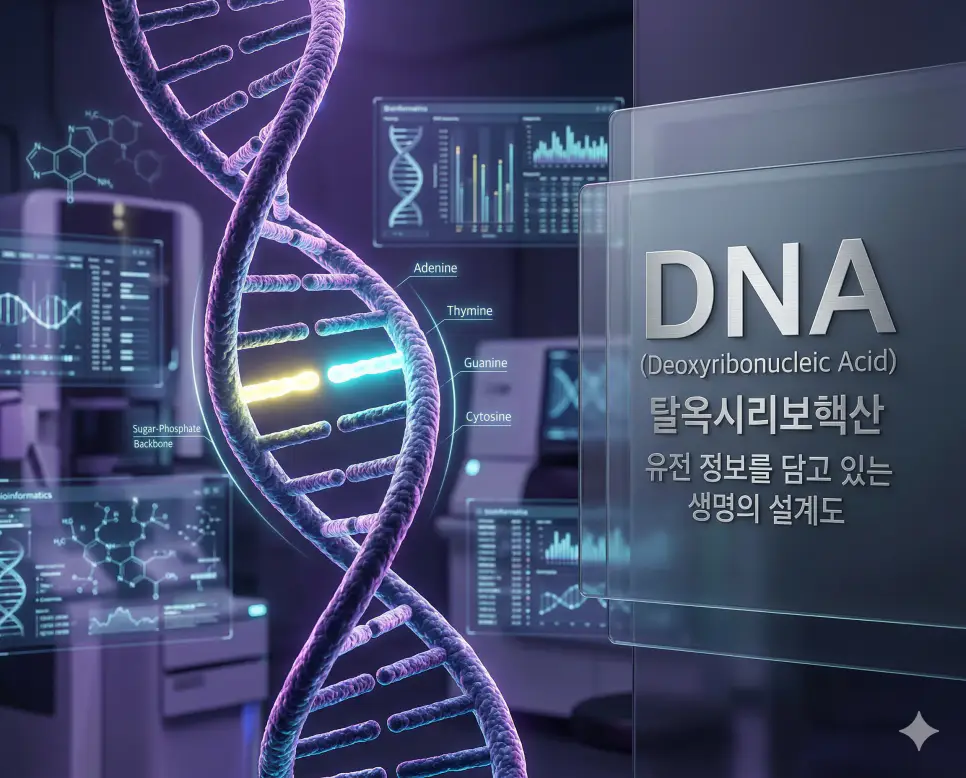 의학용어 DMARD, DME, DNA 완벽 가이드 3 의학용어 DNA(탈옥시리보핵산)의 이중 나선 구조와 생명의 설계도로서 유전 정보를 담고 있는 복잡한 생화학적 메커니즘을 시각화한 이미지
