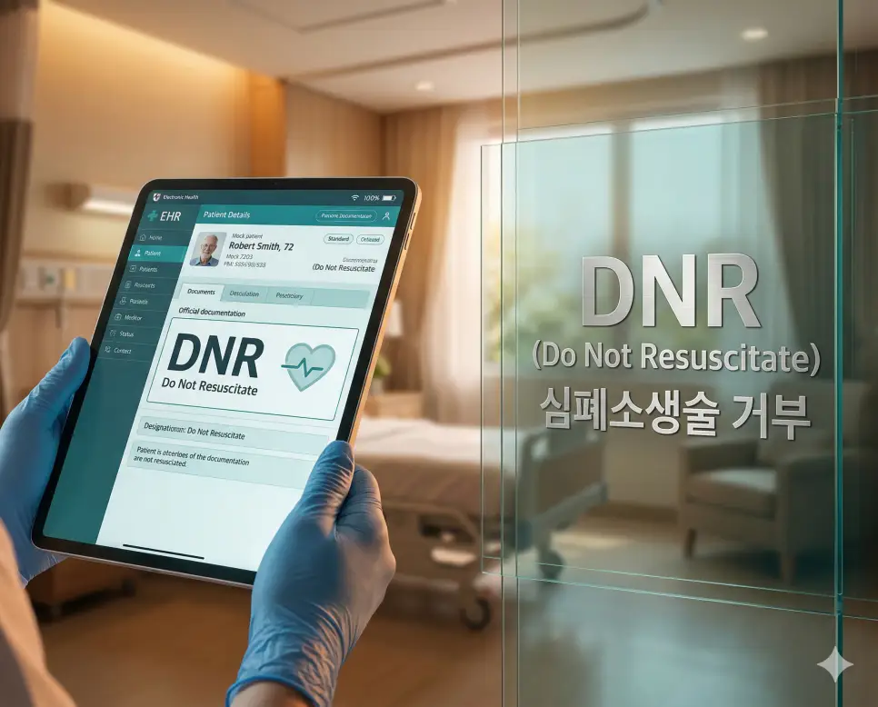 의학용어 DNR, DOA, DOE 완벽 가이드 1 의학용어 DNR(심폐소생술 거부) 지침이 명시된 환자의 의료 기록과 평화로운 병실 분위기를 시각화한 존엄한 의료 이미지