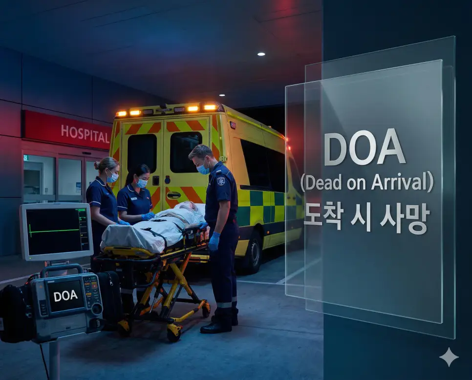 의학용어 DNR, DOA, DOE 완벽 가이드 2 의학용어 DOA(도착 시 사망) 상태인 환자의 심전도 평탄선과 긴박한 응급실 진입 상황을 시각화한 임상 의료 이미지