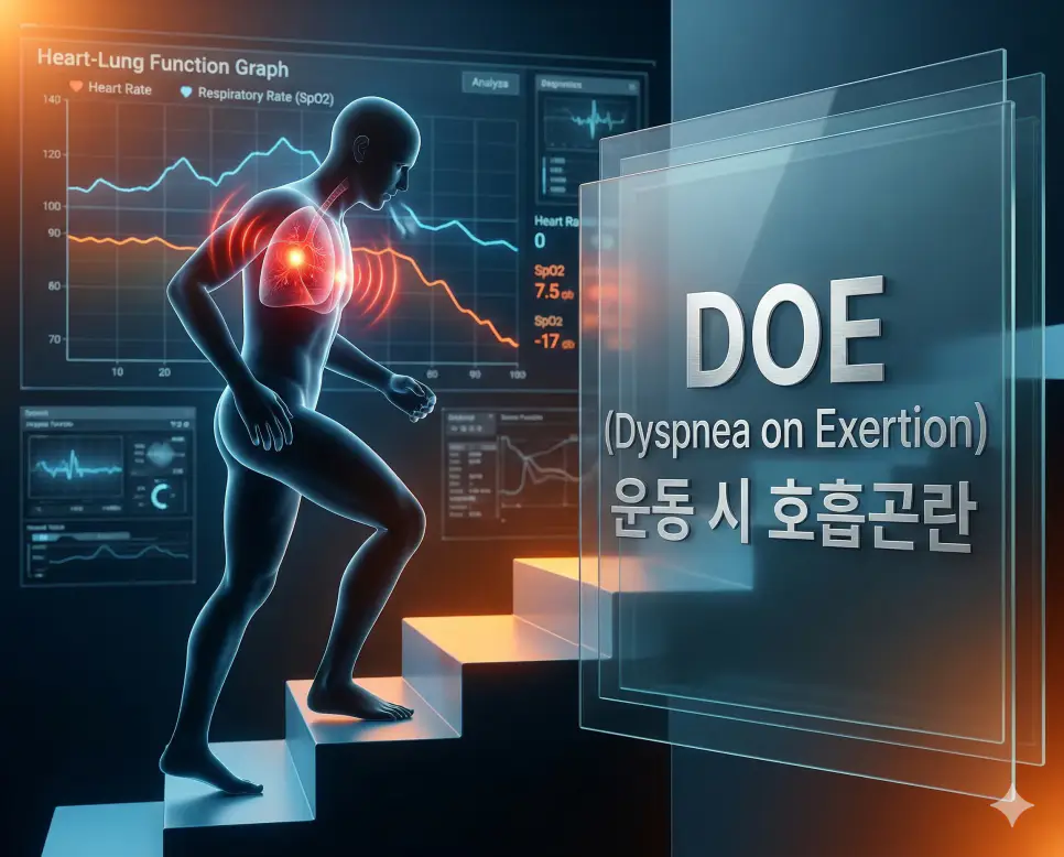 의학용어 DNR, DOA, DOE 완벽 가이드 3 의학용어 DOE(운동 시 호흡곤란)로 인해 계단을 오르는 등 신체 활동 중에 숨가쁨을 느끼는 기전을 시각화한 의료 이미지