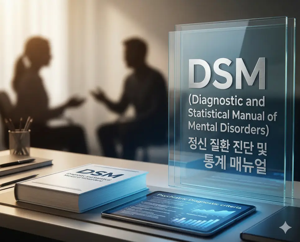 의학용어 DRE, DSM, DTR 완벽 가이드 2 의학용어 DSM(정신 질환 진단 및 통계 매뉴얼)이 정신건강 의학 분야의 표준 진단 체계로서 전문 서적과 데이터로 정리된 모습