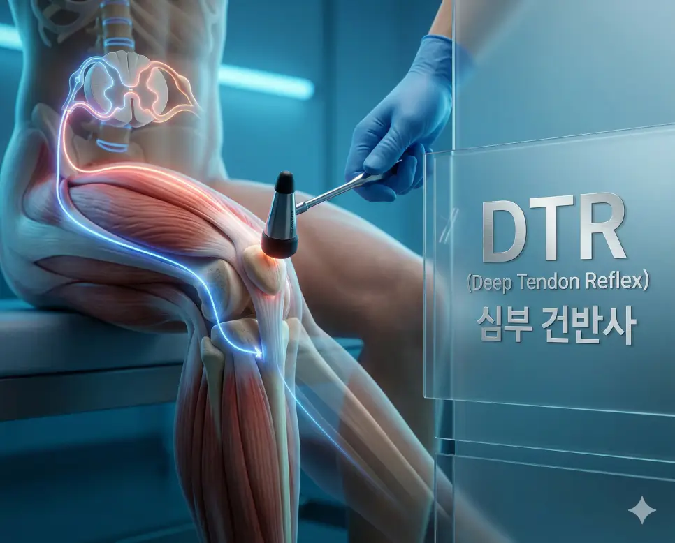 의학용어 DRE, DSM, DTR 완벽 가이드 3 의학용어 DTR(심부 건반사) 검사를 위해 무릎을 타격했을 때 신경 전달 경로를 통해 반사 반응이 일어나는 기전 시각화 이미지