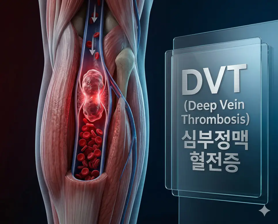 의학용어 DVT, DX, EBL 완벽 가이드 1 의학용어 DVT(심부정맥 혈전증)로 인해 다리의 깊은 곳에 위치한 정맥이 비정상적인 혈전으로 막힌 병태생리를 시각화한 정밀 의료 이미지