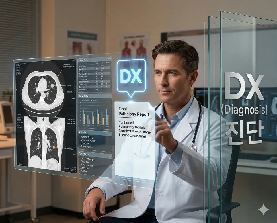 의학용어 DVT, DX, EBL 완벽 가이드 2 의학용어 DX(진단)를 위해 의사가 CT 영상과 환자의 다양한 검사 데이터를 종합적으로 분석하여 최종 병명을 결정하는 과정을 시각화한 이미지