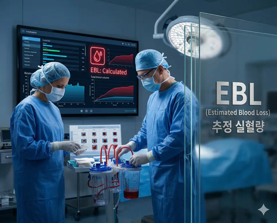 의학용어 DVT, DX, EBL 완벽 가이드 3 의학용어 EBL(추정 실혈량)을 계산하기 위해 수술 중 발생한 출혈량을 모니터와 캐니스터 데이터를 통해 추정하는 수술실 상황 시각화 이미지