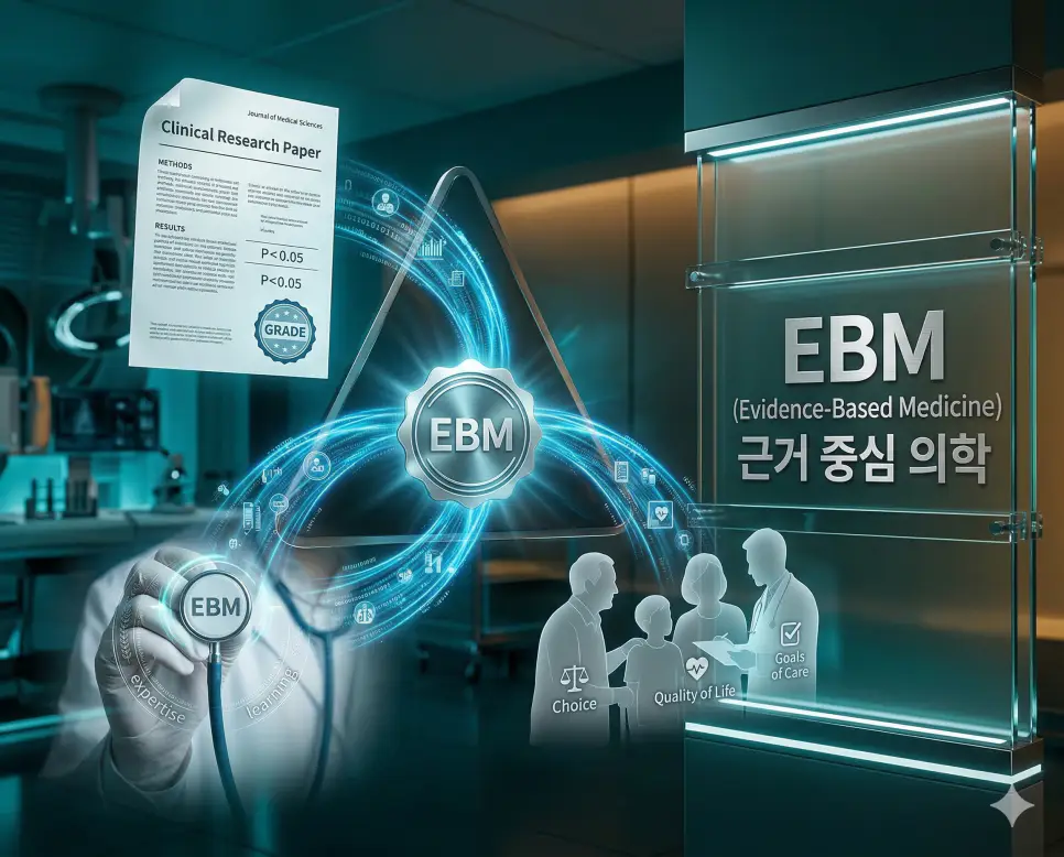 의학용어 EBM, ECG, ECHO 완벽 가이드 1 의학용어 EBM(근거 중심 의학)이 최신 연구 결과, 임상 의사의 전문성, 그리고 환자의 가치라는 세 가지 핵심 요소의 균형을 통해 환자 맞춤형 진료를 실현하는 기전 시각화 이미지