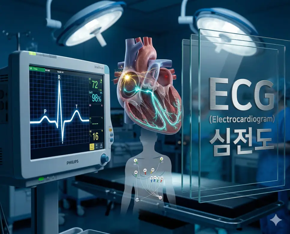 의학용어 EBM, ECG, ECHO 완벽 가이드 2 의학용어 ECG(심전도) 검사를 통해 심장의 전기적 신호 전달 경로를 기록하고 비정상적인 리듬을 진단하는 과정을 시각화한 임상 의료 이미지