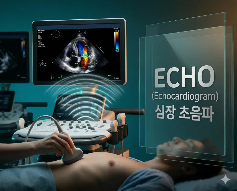 의학용어 EBM, ECG, ECHO 완벽 가이드 3 의학용어 ECHO(심장 초음파) 검사를 위해 초음파 프로브를 사용하여 심장의 실시간 구조와 기능, 혈류 역학을 정밀하게 검사하는 해부학 이미지