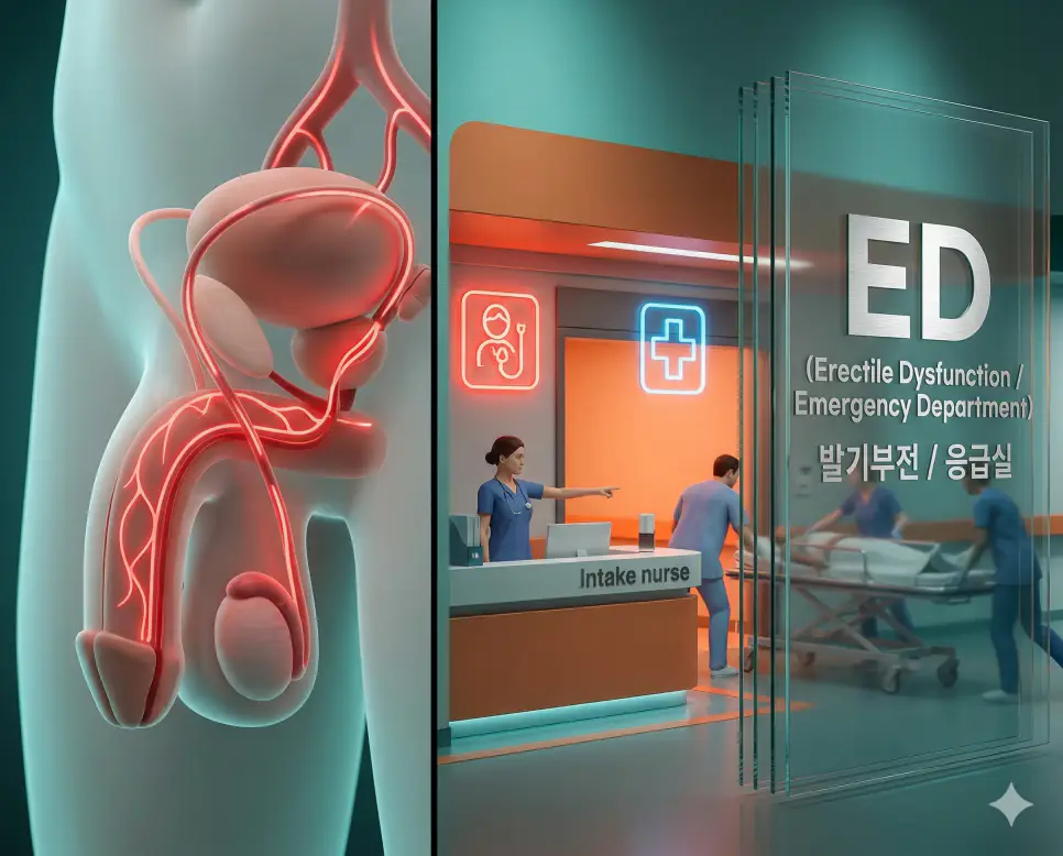 의학용어 ECT, ED, EDBC 완벽 가이드 2 의학용어 ED가 의미하는 남성 발기부전의 생리학적 기전과 긴급한 환자 수속이 필요한 병원 응급실 상황을 복합적으로 시각화한 이미지