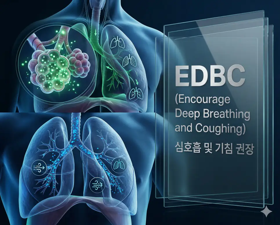 의학용어 ECT, ED, EDBC 완벽 가이드 3 의학용어 EDBC(심호흡 및 기침 권장)를 통해 수술 후 폐 합병증을 예방하고 무기폐를 막기 위해 폐포를 확장시키고 분비물을 배출하는 기전 이미지