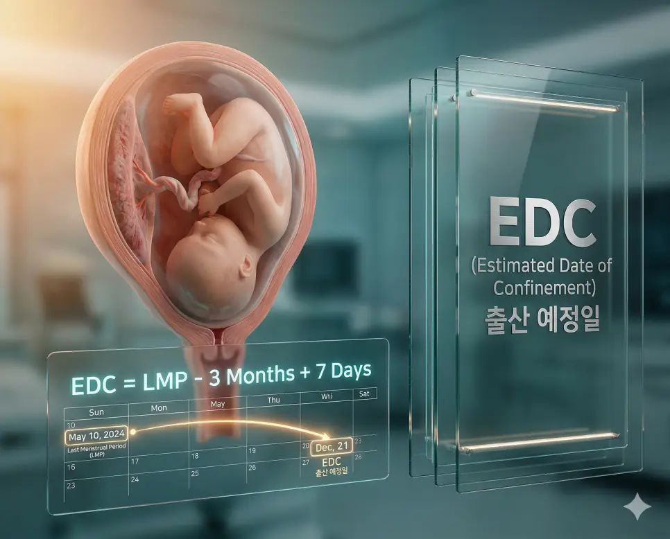 의학용어 EDC, EEG, EGD 완벽 가이드 1 의학용어 EDC(출산 예정일)를 마지막 월경일(LMP)을 기준으로 수학적으로 계산하여 달력에 표시하고 태아의 발달 상태를 보여주는 정밀 의료 이미지