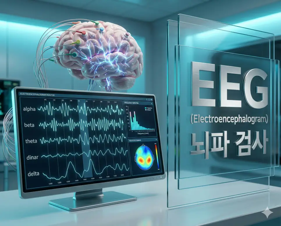 의학용어 EDC, EEG, EGD 완벽 가이드 2 의학용어 EEG(뇌파 검사)를 통해 뇌세포의 전기적 활동을 다채널 모니터에 다양한 파형으로 기록하여 뇌 기능을 평가하는 과정을 시각화한 임상 의료 이미지
