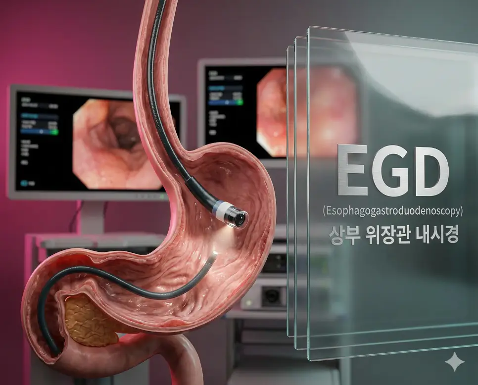 의학용어 EDC, EEG, EGD 완벽 가이드 3 의학용어 EGD(상부 위장관 내시경)를 통해 식도, 위, 십이지장 내부의 점막 조직을 정밀하게 관찰하고 질환을 진단하는 과정을 시각화한 이미지