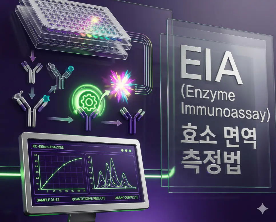 의학용어 EGC, EIA, EKG 완벽 가이드 2 의학용어 EIA(효소 면역 측정법)를 통해 항원-항체 반응 후 효소 작용으로 발생한 특정 색상 신호와 이를 분석하는 랩 판독기 모니터 시각화 이미지