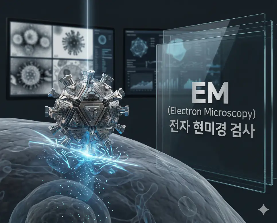 의학용어 ELISA, EM, EMG 완벽 가이드 2 의학용어 EM(전자 현미경 검사)을 통해 바이러스와 같은 초미세 구조를 나노 단위로 관찰하고 분석하는 첨단 현미경 기법 시각화 이미지
