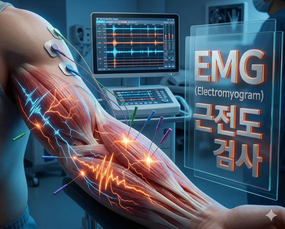 의학용어 ELISA, EM, EMG 완벽 가이드 3 의학용어 EMG(근전도 검사)를 위해 근육에 바늘 전극을 삽입하여 신경과 근육의 전기적 활동 파형을 기록하고 진단하는 임상 의료 이미지