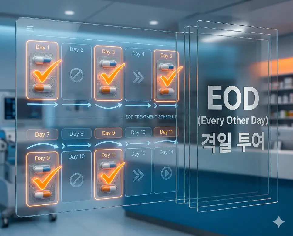 의학용어 ENDO, ENT, EOD 완벽 가이드 3 의학용어 EOD(격일 투여)를 의미하는 하루 걸러 한 번씩 약물을 복용하거나 처치하는 일정을 달력 형식으로 직관적으로 보여주는 기전 이미지