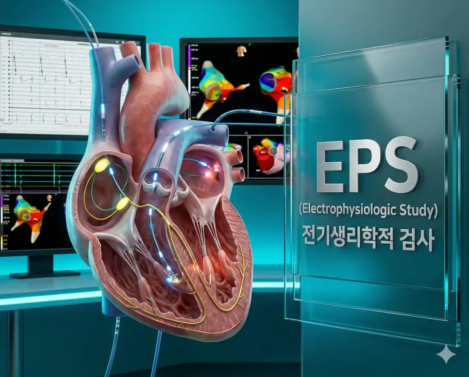 의학용어 EPS, ER, ERCP 완벽 가이드 1 의학용어 EPS(전기생리학적 검사)를 통해 심장 내부에 전극 카테터를 삽입하여 부정맥의 발생 위치와 전기적 신호 전달 경로를 정밀 분석하는 이미지