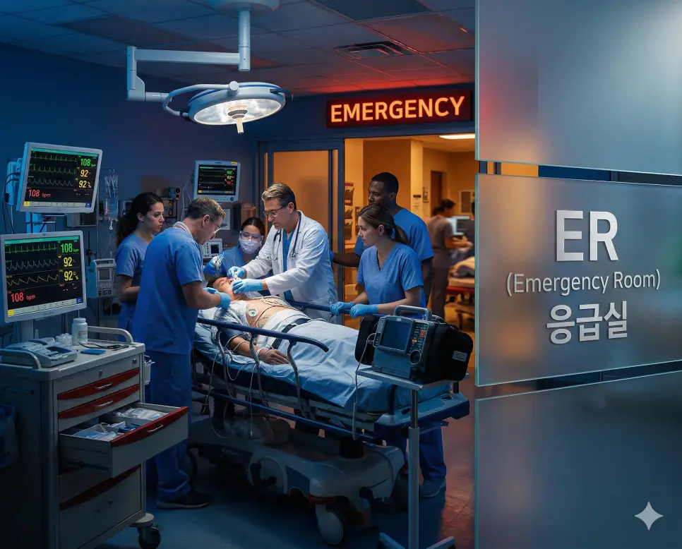 의학용어 EPS, ER, ERCP 완벽 가이드 2 의학용어 ER(응급실)에서 긴박한 상황의 환자를 24시간 진료하고 응급 처치를 시행하는 현대적인 병원 응급 센터 시각화 이미지