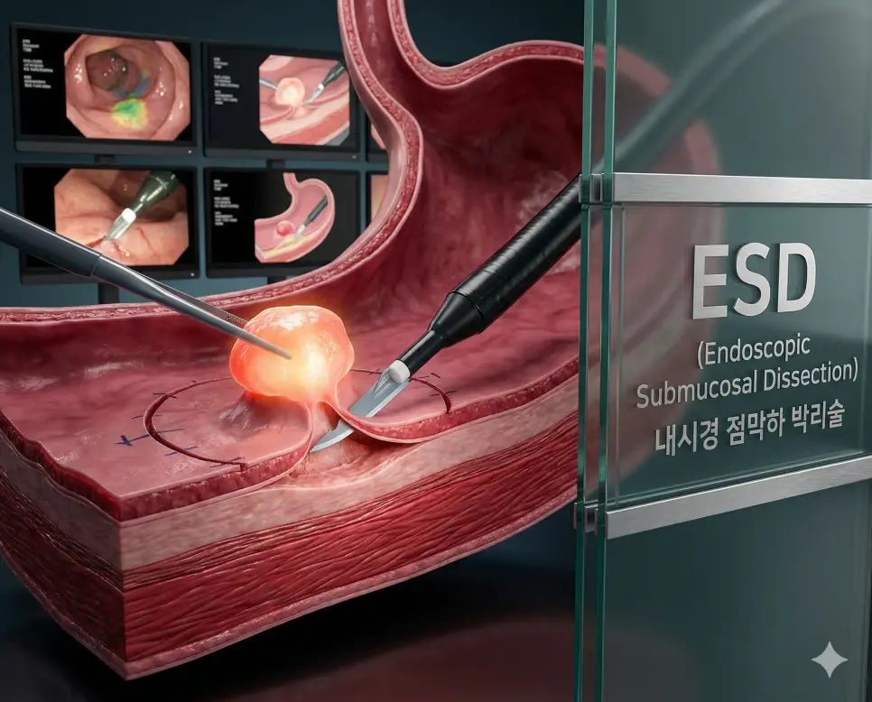 의학용어 ERT, ESD, ESR 완벽 가이드 2 의학용어 ESD(내시경 점막하 박리술)를 통해 조기 암 병변 아래의 점막하층을 특수 내시경 칼로 정밀하게 도려내는 시술 과정을 시각화한 이미지