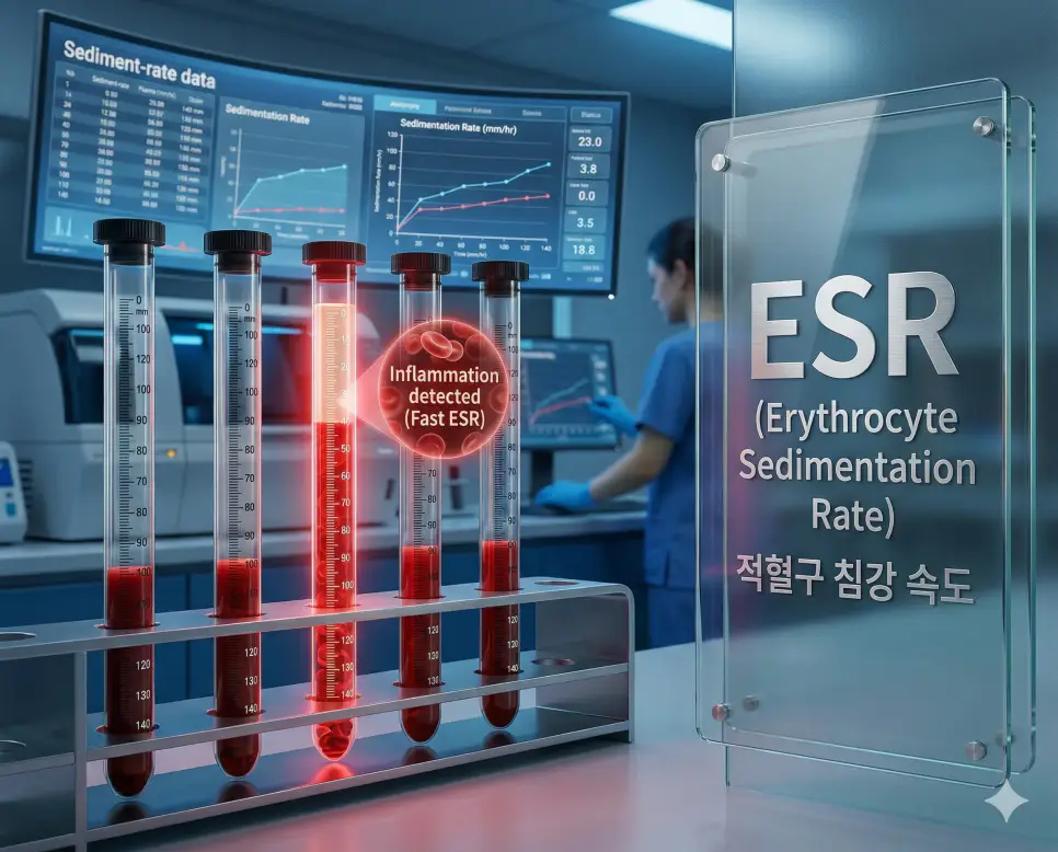 의학용어 ERT, ESD, ESR 완벽 가이드 3 의학용어 ESR(적혈구 침강 속도) 검사를 통해 혈액 내 적혈구가 가라앉는 속도를 측정하여 몸속 염증 유무를 판단하는 실험실 상황 시각화 이미지