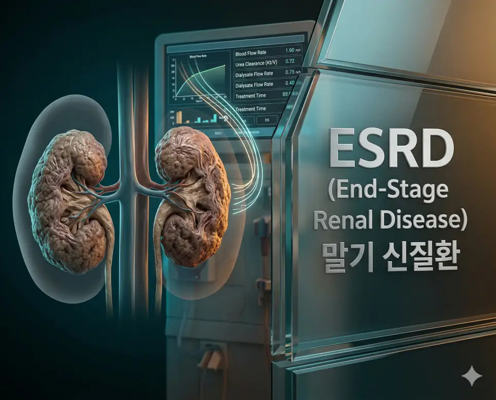 의학용어 ESRD, EUS, EVD 완벽 가이드 1 의학용어 ESRD(말기 신질환)로 인해 신장 기능이 영구적으로 상실되어 신장이 위축되고Scarred된 상태와 이를 보완하기 위한 투석 데이터를 시각화한 이미지