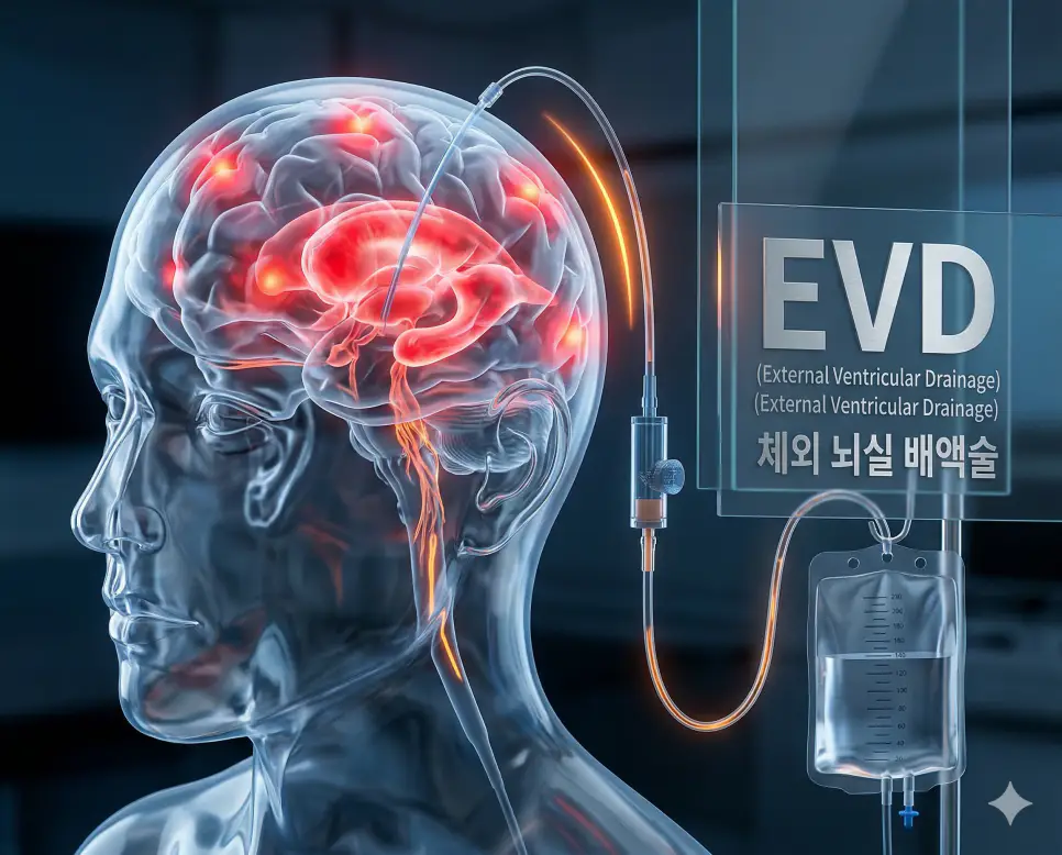 의학용어 ESRD, EUS, EVD 완벽 가이드 3 의학용어 EVD(체외 뇌실 배액술)를 통해 뇌실 내에 카테터를 정확히 삽입하여 과도한 뇌척수액을 몸 밖으로 배출하고 뇌압을 조절하는 응급 처치 기전 이미지