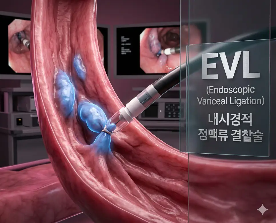 의학용어 EVL, F/E, F/U 완벽 가이드 1 의학용어 EVL(내시경적 정맥류 결찰술)을 통해 비정상적으로 부풀어 오른 식도 정맥류를 고무밴드로 묶어 출혈을 예방하는 정밀 시술 시각화 이미지