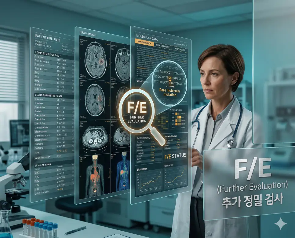 의학용어 EVL, F/E, F/U 완벽 가이드 2 의학용어 F/E(추가 정밀 검사)를 위해 기초 검사 결과 이후 더 정밀한 진단을 위해 고해상도 영상과 복합 데이터를 심층 분석하는 과정을 보여주는 이미지