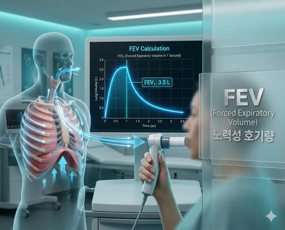 의학용어 FBS, FEV, FHT 완벽 가이드 2 의학용어 FEV(노력성 호기량)를 측정하기 위해 숨을 최대한 들이마신 후 강하게 내뱉는 공기량을 폐 기능 검사기(spirometry)의 실시간 그래프와 함께 시각화한 이미지