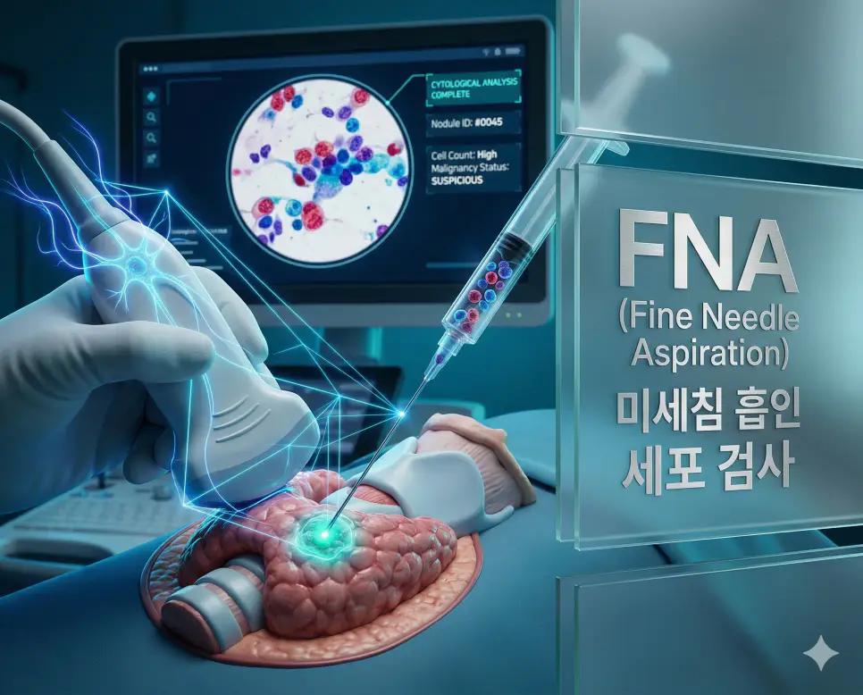 의학용어 FM, FNA, FOBT 완벽 가이드 2 의학용어 FNA(미세침 흡인 세포 검사)를 위해 초음파 가이드 하에 아주 가는 바늘로 조직의 세포를 정밀하게 채취하고 진단하는 기전 이미지