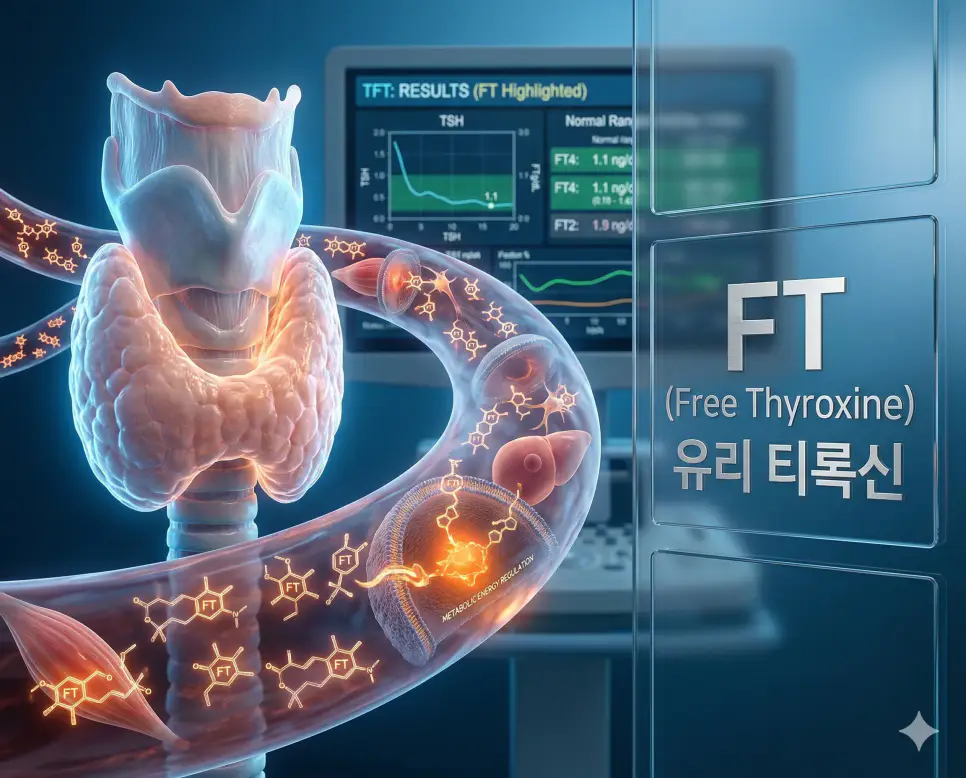 의학용어 FSH, FT, FTT 완벽 가이드 2 의학용어 FT(유리 티록신)가 갑상선에서 분비되어 혈액 내에서 활성 상태로 신체 대사를 조절하는 과정을 보여주는 임상 의료 이미지