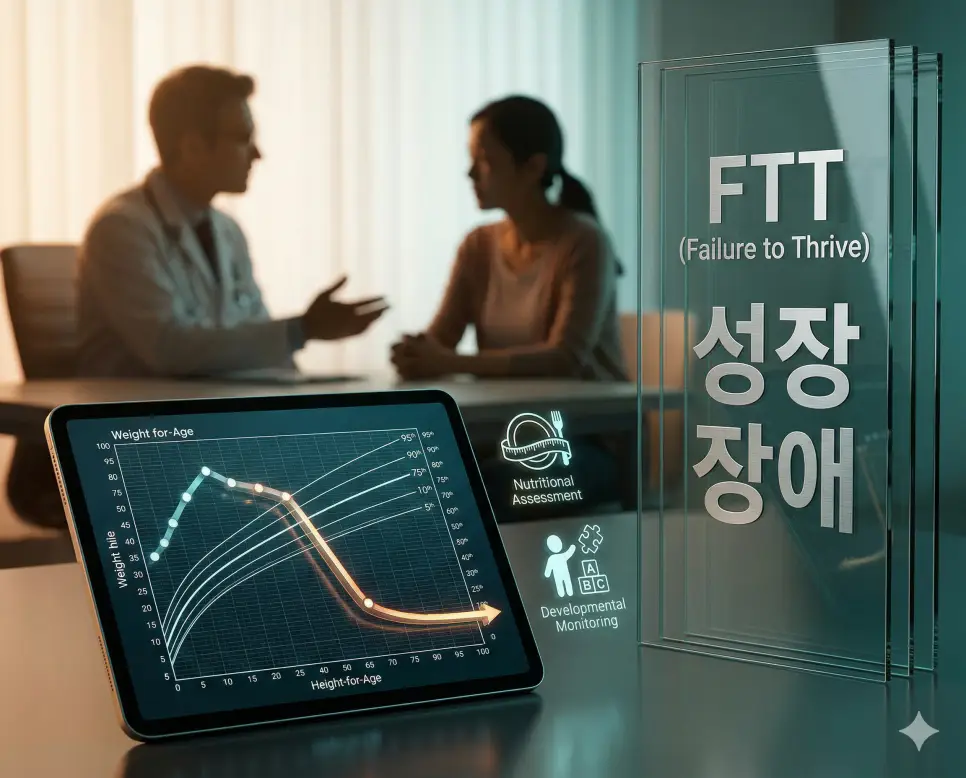 의학용어 FSH, FT, FTT 완벽 가이드 3 의학용어 FTT(성장 장애)를 진단하기 위해 영유아의 체중과 신장 데이터를 표준 성장 곡선과 비교 분석하는 소아과적 시각화 이미지