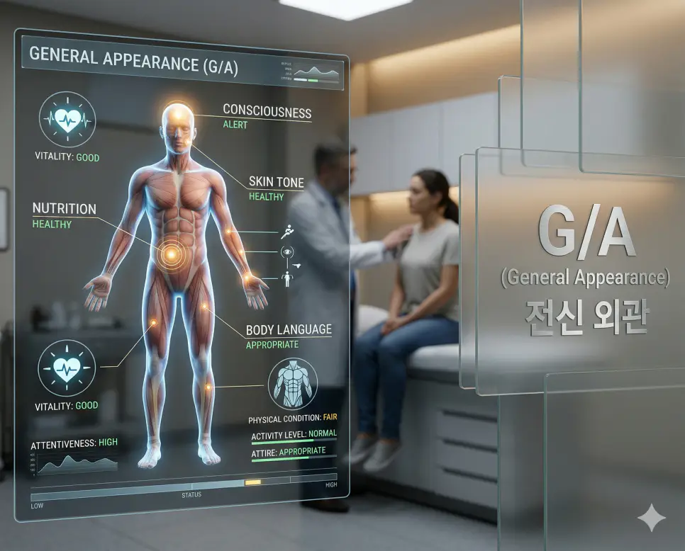 의학용어 FUO, G/A, GAD 완벽 가이드 2 의학용어 G/A(전신 외관)를 통해 환자의 의식 수준, 영양 상태, 피부톤 등을 종합적으로 관찰하고 초기 진료 지표로 활용하는 시각화 이미지