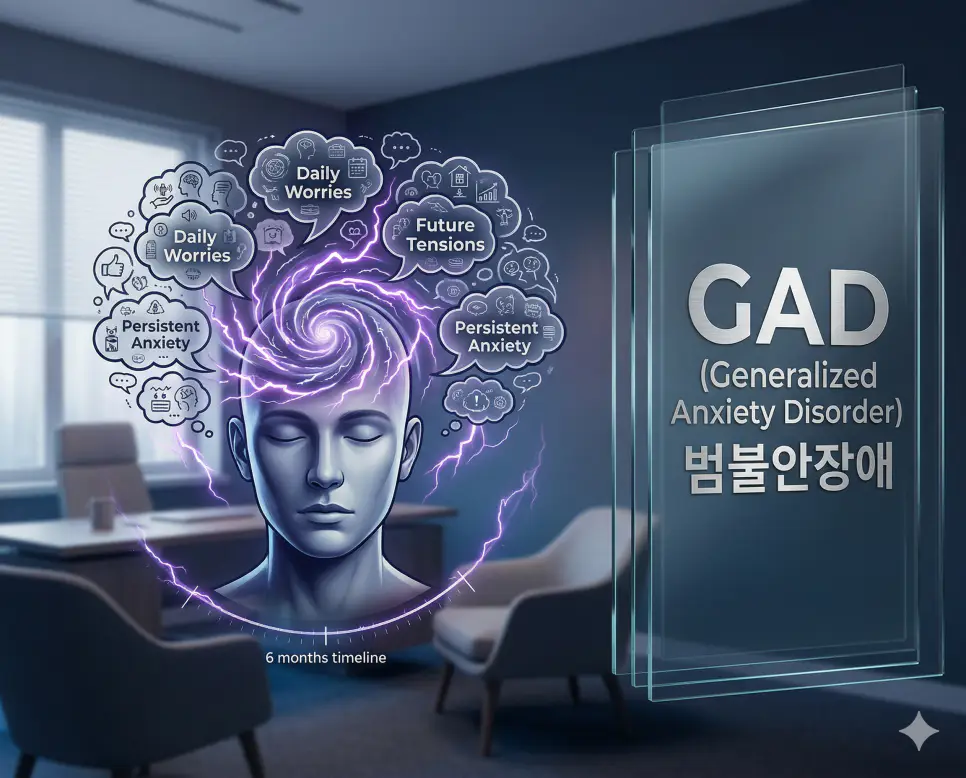 의학용어 FUO, G/A, GAD 완벽 가이드 3 의학용어 GAD(범불안장애)로 인해 일상생활의 모든 영역에서 통제하기 어려운 과도한 불안과 걱정이 지속되는 심리적 상태를 시각화한 이미지