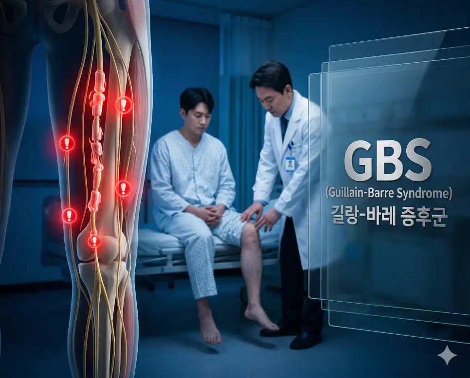 의학용어 GBS, GC, GERD 완벽 가이드 1 의학용어 GBS(길랑-바레 증후군)로 인해 말초신경의 수초가 염증 반응으로 손상되어 근육 마비와 감각 이상이 발생하는 병태생리 기전 시각화 이미지