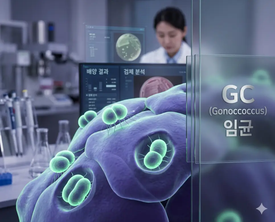 의학용어 GBS, GC, GERD 완벽 가이드 2 의학용어 GC(임균)가 비뇨생식기 상피 세포에 감염을 일으키는 현미경적 구조와 세균의 특징을 시각화한 임상 의료 이미지