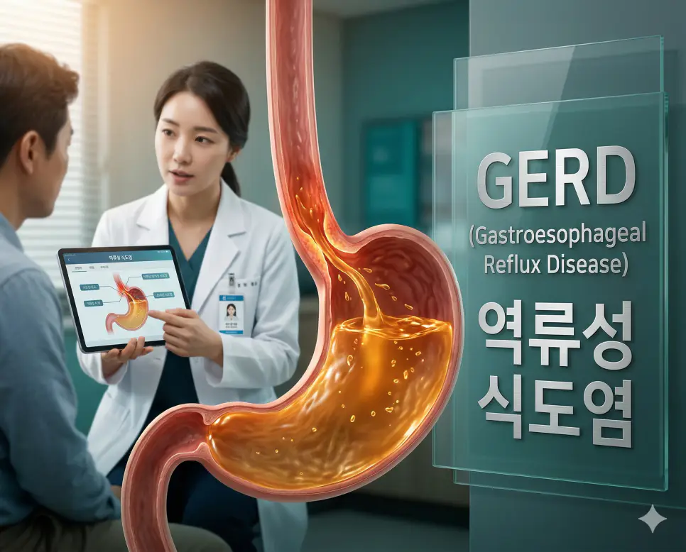 의학용어 GBS, GC, GERD 완벽 가이드 3 의학용어 GERD(역류성 식도염)로 인해 하부 식도 괄약근이 약화되어 위 내용물이 식도로 역류하며 염증을 유발하는 과정을 보여주는 해부학적 시각화 이미지